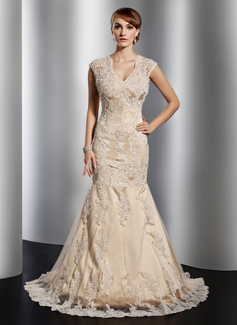 Stile sirena Scollatura a V Coda a strascico corto raso Tulle Abito per matrimonio con Pizzo Perline (002014773)
