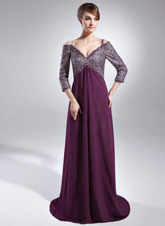 A-Line/Princess Off-the-Shoulder Sweep Train Chiffon Charmeuse Mother of the Bride Dress With Lace Beading Sequins (008005987)