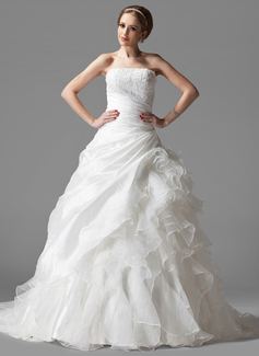 Ball-Gown Strapless Court Train Taffeta Organza Wedding Dress With Ruffle Lace (002004523)
