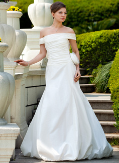 A-formet/Prinsesse Off-the-Shoulder Court Brudeslep Taft Brudekjole med Frynse Blomst(er) (002024573)