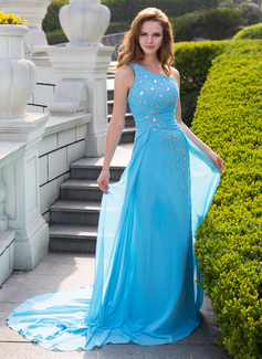 A-Line/Princess One-Shoulder Court Train Chiffon Prom Dress With Ruffle Beading (018024653)