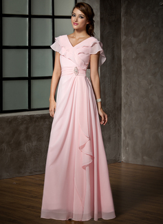 A-formet/Prinsesse V-hals Gulv lengde Chiffon Kjole til brudens mor med Frynse Krystall Brosje (008006120)