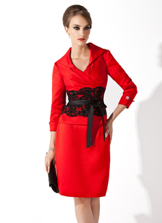 Sheath V-neck Knee-Length Satin Lace Mother of the Bride Dress With Sash Beading (008006158)