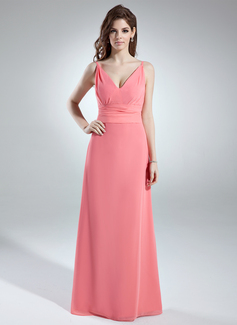 A-Line/Princess V-neck Floor-Length Chiffon Bridesmaid Dress With Ruffle (007001899)