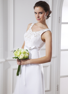 A-Line/Princess Scoop Neck Tea-Length Organza Satin Wedding Dress With Sashes Beadwork (002015483)