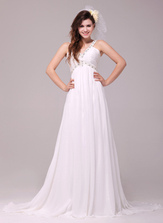 Empire-Linie V-Ausschnitt Hof-Schleppe Chiffon Brautkleid mit Rüschen Perlen verziert (002014031)
