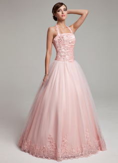 Ball-Gown Halter Floor-Length Taffeta Tulle Quinceanera Dress With Ruffle Lace Beading (021002881)