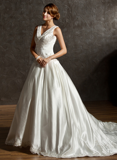 Ball-Gown V-neck Chapel Train Satin Wedding Dress With Embroidery Beadwork Sequins (002011506)