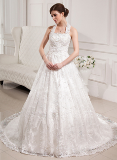 Ball-Gown Halter Chapel Train Satin Lace Wedding Dress With Beadwork Sequins (002012035)
