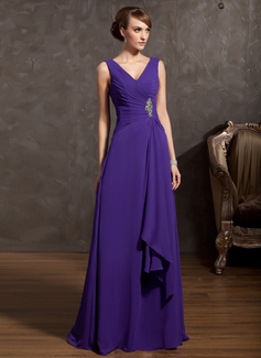 A-Line/Princess V-neck Floor-Length Chiffon Mother of the Bride Dress With Ruffle Beading (008014868)