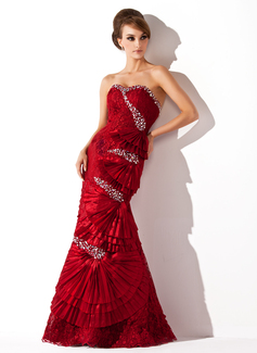 Corte sirena Escote corazón Hasta el suelo Tafetán encajes Vestido de baile de promoción con Bordoneado (018005088)