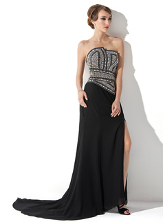 Etui-Linie Wellenkante Pinsel-Schleppe Chiffon Abendkleid mit Perlen verziert (017005818)