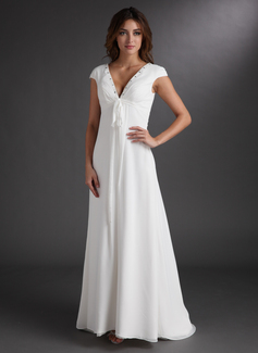 A-Line/Princess V-neck Sweep Train Chiffon Wedding Dress With Ruffle Beadwork (002011619)
