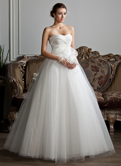 Ball-Gown Sweetheart Floor-Length Satin Tulle Wedding Dress With Ruffle Beadwork Flower(s) (002013802)