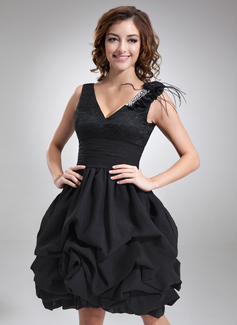A-Line/Princess V-neck Knee-Length Chiffon Lace Homecoming Dress With Ruffle Beading Feather Flower(s) (022021135)