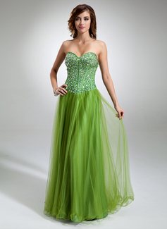 A-Linie/Princess-Linie Herzausschnitt Bodenlang Satin Tüll Ballkleid mit Perlen verziert (018016346)