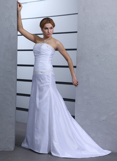 A-Line/Princess Strapless Court Train Taffeta Wedding Dress With Ruffle Beadwork (002000439)