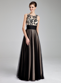 A-Line/Princess Scoop Neck Floor-Length Tulle Prom Dress With Ruffle Lace (018019083)
