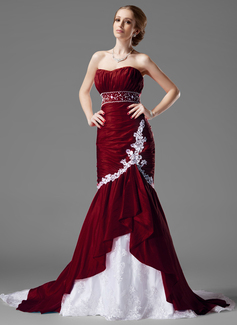 Stile sirena A cuore Coda a strascico cappella Taffeta pizzi Abito per matrimonio con Increspature Perline (002000478)