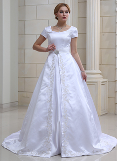 Ball-Gown V-neck Chapel Train Satin Wedding Dress With Embroidery Crystal Brooch (002001632)