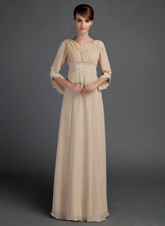 A-Line/Princess V-neck Floor-Length Chiffon Mother of the Bride Dress With Ruffle Lace Beading (008015725)