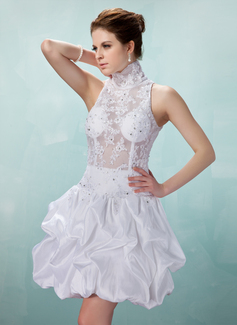 A-Line/Princess High Neck Knee-Length Taffeta Lace Cocktail Dress With Ruffle Beading (016008897)