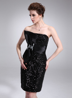Sheath Strapless Knee-Length Charmeuse Sequined Cocktail Dress With Ruffle Beading (016008870)