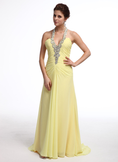 A-Line/Princess Halter Sweep Train Chiffon Evening Dress With Ruffle Beading (017026237)