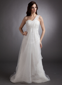 Empire-Linie One-Shoulder-Träger Hof-Schleppe Organza Brautkleid mit Rüschen Perlen verziert (002012637)