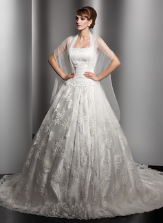 Ball-Gown Scoop Neck Chapel Train Satin Tulle Wedding Dress With Ruffle Lace Beadwork (002000180)