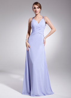 A-Line/Princess V-neck Floor-Length Chiffon Evening Dress With Ruffle Beading (017014573)