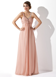 A-Line/Princess V-neck Floor-Length Chiffon Evening Dress With Ruffle Beading (017013757)