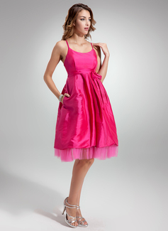 Empire Scoop Neck Knee-Length Taffeta Tulle Maternity Bridesmaid Dress With Ruffle (045022458)