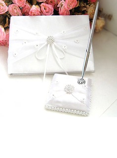 White and Ivory Satin Wedding Rhinestone Guest Book And Pen Set(101018158)