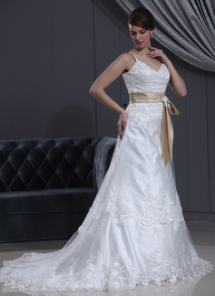 A-Line/Princess V-neck Court Train Tulle Charmeuse Wedding Dress With Lace Sashes Beadwork (002000145)