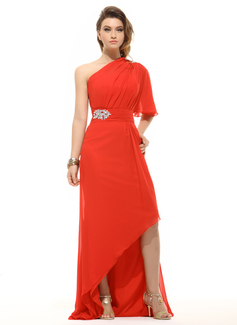Vestidos princesa/ Formato A Um ombro Assimétrico Chiffon Vestido de Férias com Pregueado Bordado (020016062)