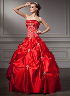 Ball-Gown Strapless Floor-Length Satin Quinceanera Dress With Embroidered Beading Sequins (021004663)