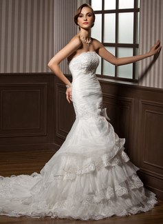 Stile sirena Senza spalline Coda a strascico cattedrale Organza Abito per matrimonio con Increspature pizzi (002012769)