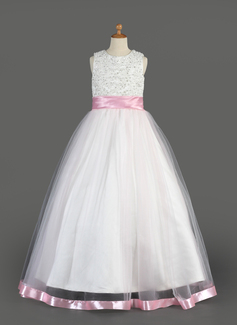 A-Lijn/Prinses Ronde Hals Vloerlengte Organza Satijnzijde Bloemenmeisjes Jurk met Sash Kraal Lovertjes (010014638)
