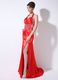 Sheath Sweetheart Watteau Train Charmeuse Prom Dress With Ruffle Beading (018005255)