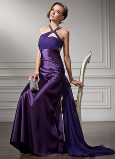 Sheath V-neck Watteau Train Chiffon Charmeuse Prom Dress With Ruffle Beading (018004881)
