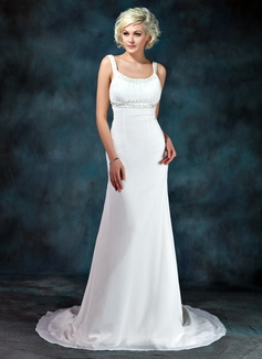 Empire Scoop Neck Court Train Chiffon Wedding Dress With Ruffle Beadwork (002001673)
