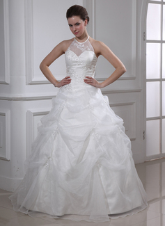 Ball-Gown Halter Floor-Length Organza Satin Quinceanera Dress With Ruffle Lace Beading (021002861)