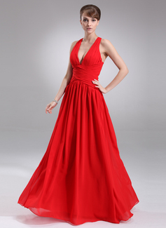 Vestidos princesa/ Formato A Decote V Vestidos longo Chiffon Vestido de festa com Pregueado (017022544)