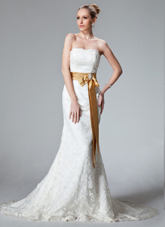 Mermaid Sweetheart Court Train Satin Lace Wedding Dress With Sashes Crystal Brooch (002000431)