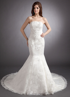 Mermaid Strapless Chapel Train Satin Wedding Dress With Lace Beadwork Sequins (002012843)
