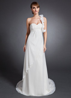 Empire-Linie One-Shoulder-Träger Hof-Schleppe Chiffon Brautkleid mit Rüschen Perlen verziert Blumen (002015079)