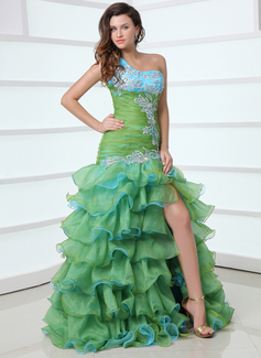 Corte sirena Un sólo hombro Hasta el suelo Organza satén Vestido de baile de promoción con Bordoneado Apliques (018017364)