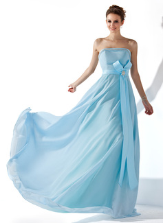 A-Line/Princess Strapless Floor-Length Chiffon Satin Evening Dress With Ruffle Beading Crystal Brooch (017013770)