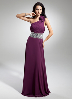 A-linje One-Shoulder Gulvlang Chiffon Aftenkjole med Flæsekanter Perlebesat Blomst(er) (017014886)